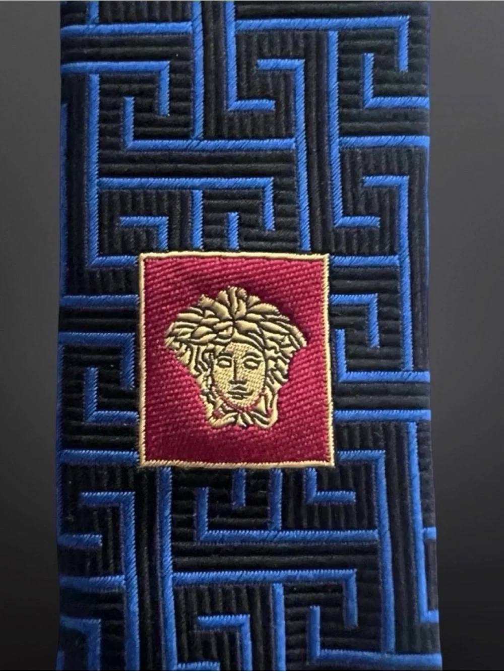 Versace Medusa Silk Tie Blue Black Greca Greek Key Baroque Vintage 59” Italy